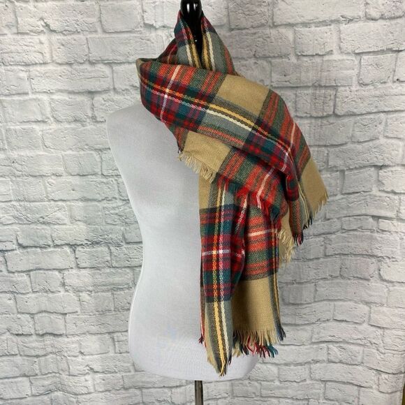 Plaid scarf/wrap with fringe women 53”x52 - Picture 1 of 8